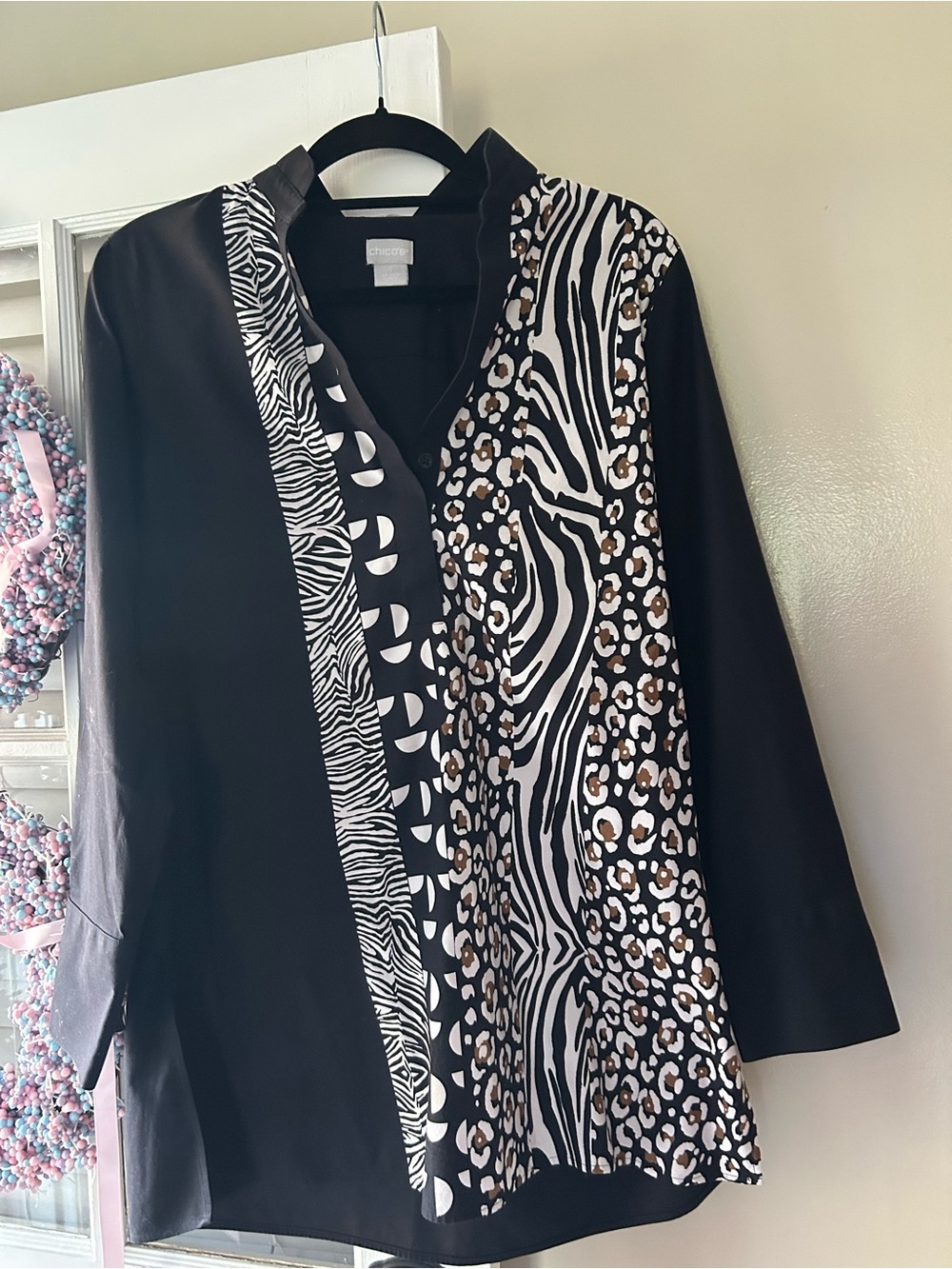 Chico's Black Tunic with Zebra & Leopard Panel Mix